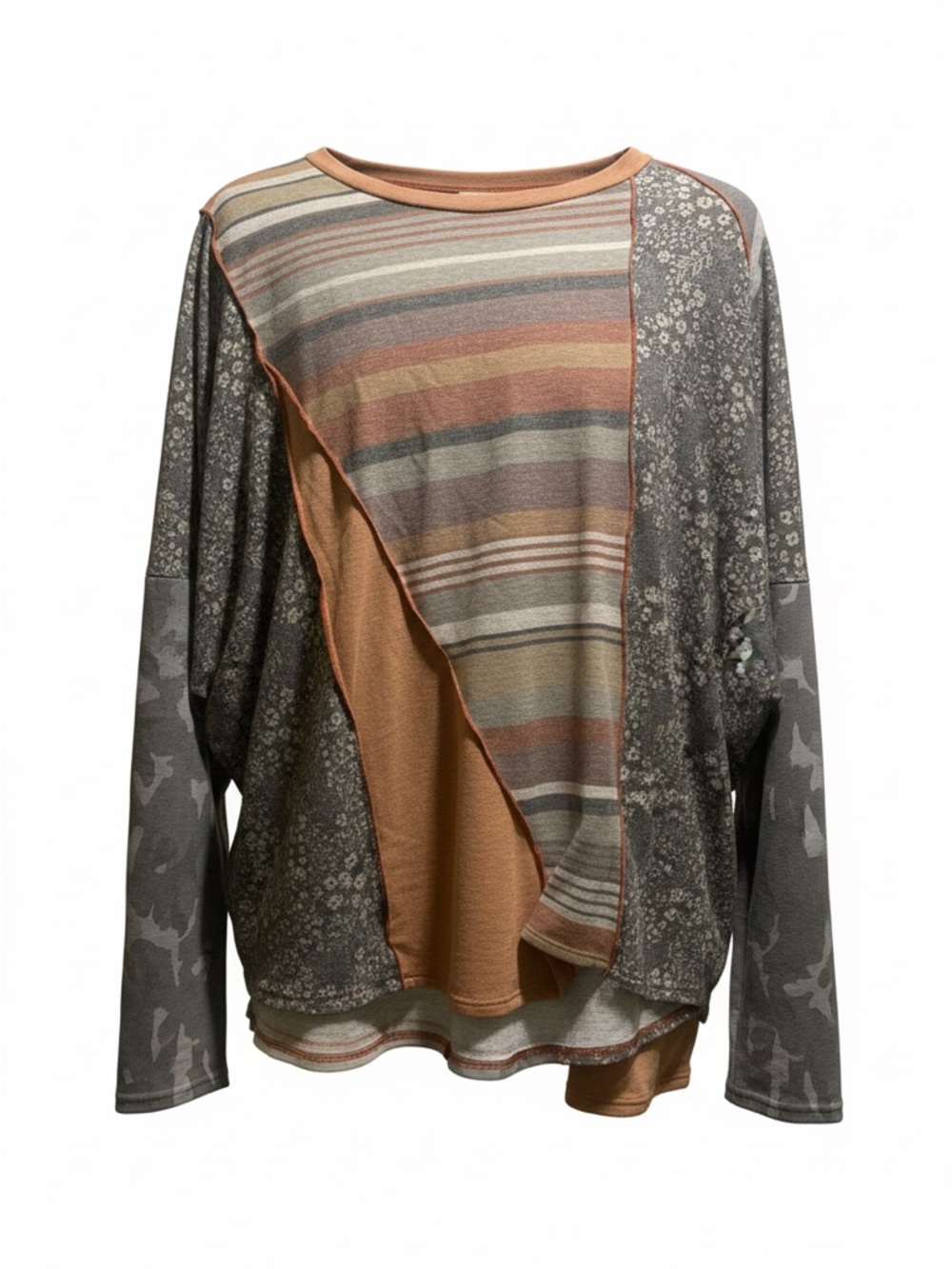 Mixed-Pattern Long Sleeve Tee in Rust and Gray